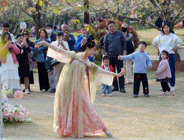 清明假期期間，上海顧村公園櫻花島上，游客在觀賞國風(fēng)漢服快閃表演。（圖片來源：視覺中國）
